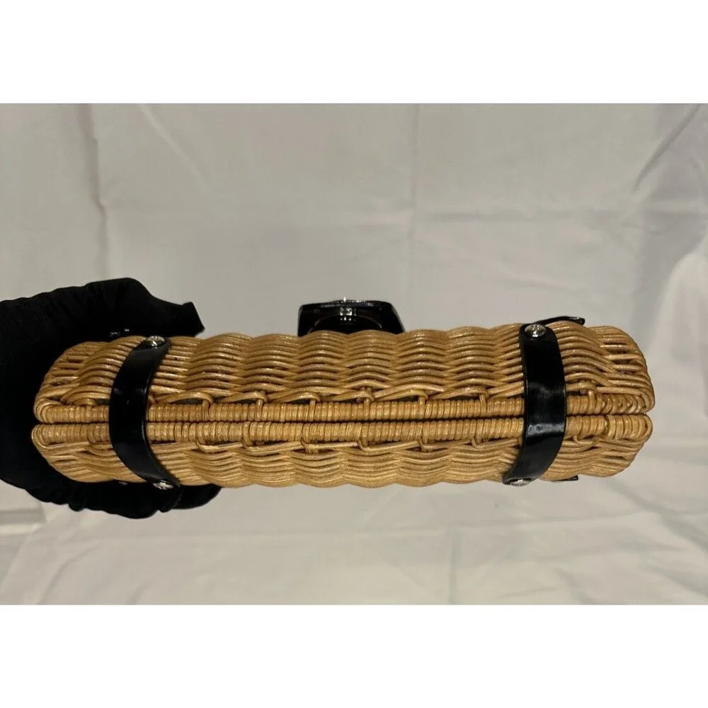 Kate Spade Wicker Rattan Clutch Black Patent Trim - Picture 4 of 7